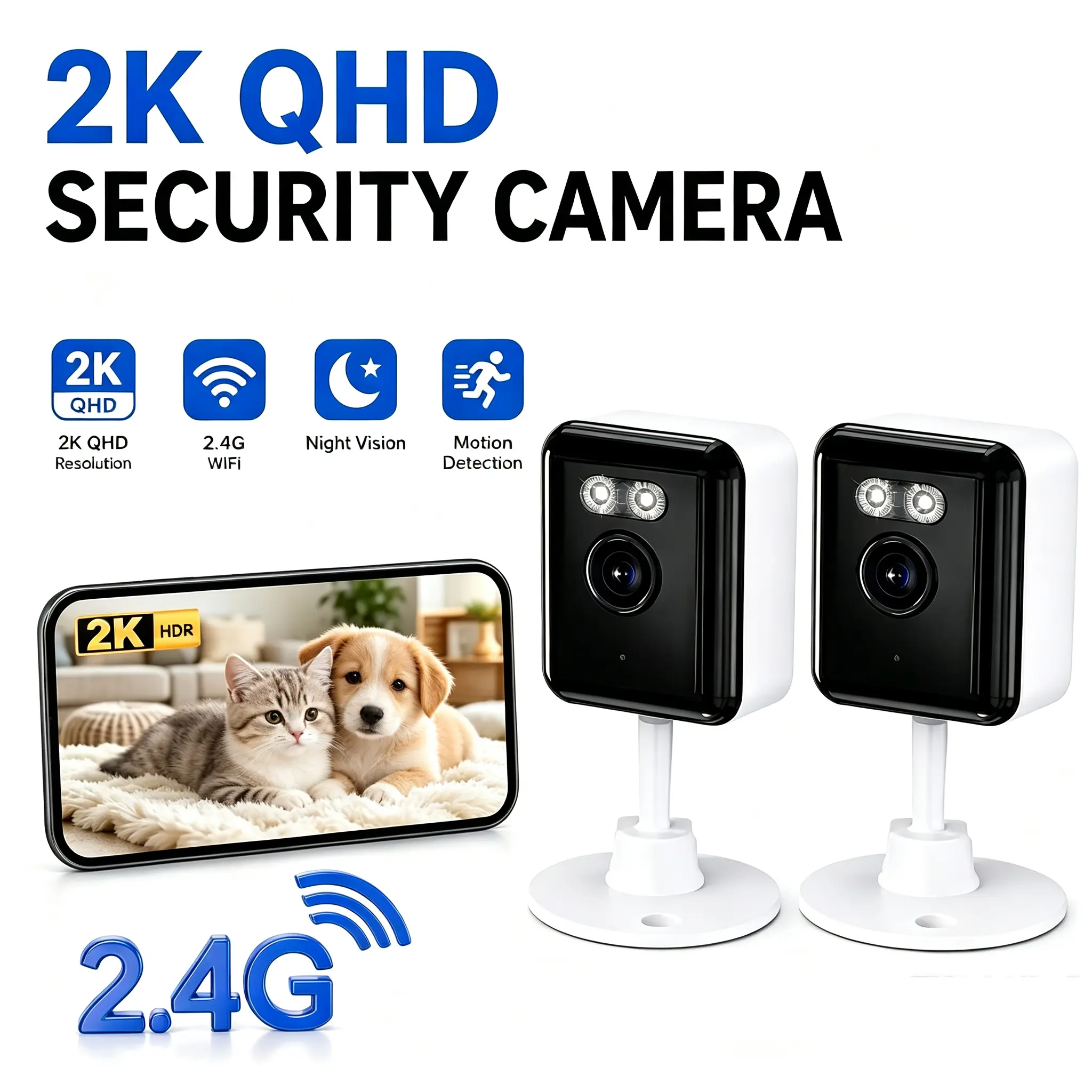 2-Pack Indoor Pet Camera, 2K HD WiFi Security Camera Full-Color Night Vision, Motion Detection Alerts, Two-Way Audio, App Control Home Camera for Dogs Cats Baby Monitor