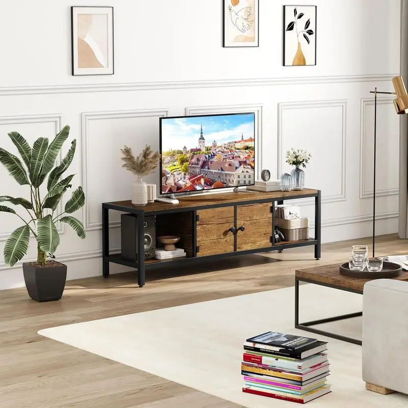 58" MDF Wood TV Stand with Metal Frame, Media Console for 65-Inch Max TVs, 2 Closed Storage Spaces, Open Shelves, Adjustable Legs for Living Room, Bedroom, Storage Space, Television Stand, Tv Console Cabinet
