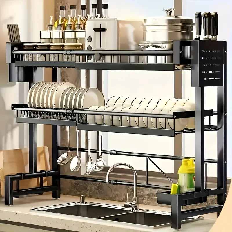 Adjustable Metal Kitchen Storage Rack with Drip Tray And Lid - Expandable Sink Storage Rack for Storing Utensils, Tableware, And Cooking Utensils, Space Saving Design, Dishwasher Rack for Kitchen Countertops, Practical Storage Rack. Black, Gray.