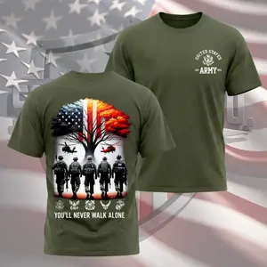 Veteran United States Army T-Shirt/Sweatshirt/Hoodie, You’ll Never Walk Alone Front and Back Print Shirt, Patriotic Military Graphic Tee for Men and Women