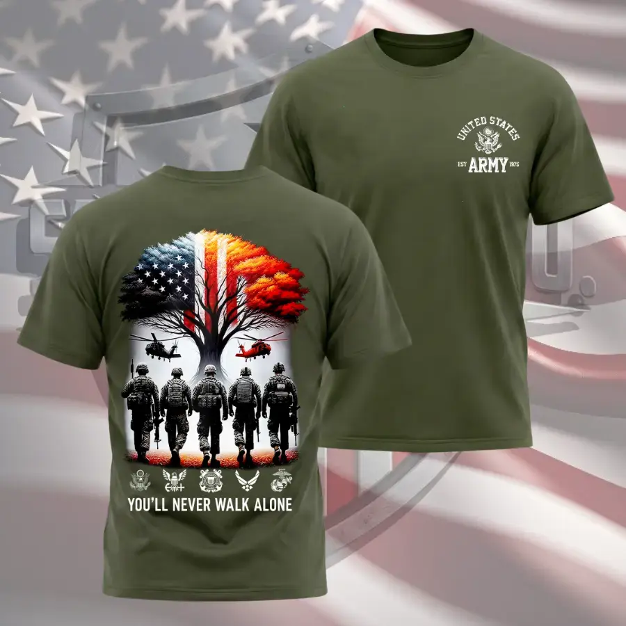 Veteran United States Army T-Shirt/Sweatshirt/Hoodie, You’ll Never Walk Alone Front and Back Print Shirt, Patriotic Military Graphic Tee for Men and Women