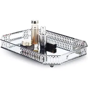 Perfume Tray, Mirror Tray, Vanity Decorative Tray with Rectangle Metal for Dresser Bedroom Countertop Organizer, Large Size 13.8" X 9.6" X 2.2",