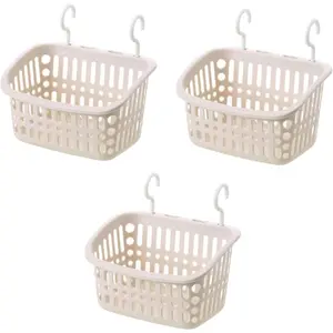 3 count Plastic Hanging Baskets for Shower, Hanging Basket Organizer with Hooks, Rectangle 8.5Inches Small Hanging Storage Basket (Beige)