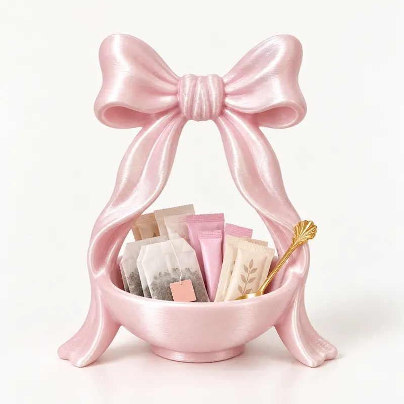 Cute Bow Kitchen Counter Organizer Tray, 3D Printed Organizer for Coffee Bar, Tea Bags, Sugar Packets, Spoons and Small Utensils