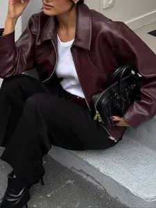 Women's Plain PU Leather Jacket, Casual Fitted Fall Outerwear Coat, Comfortable Moderate Fabric for Daily Wear & Office Use