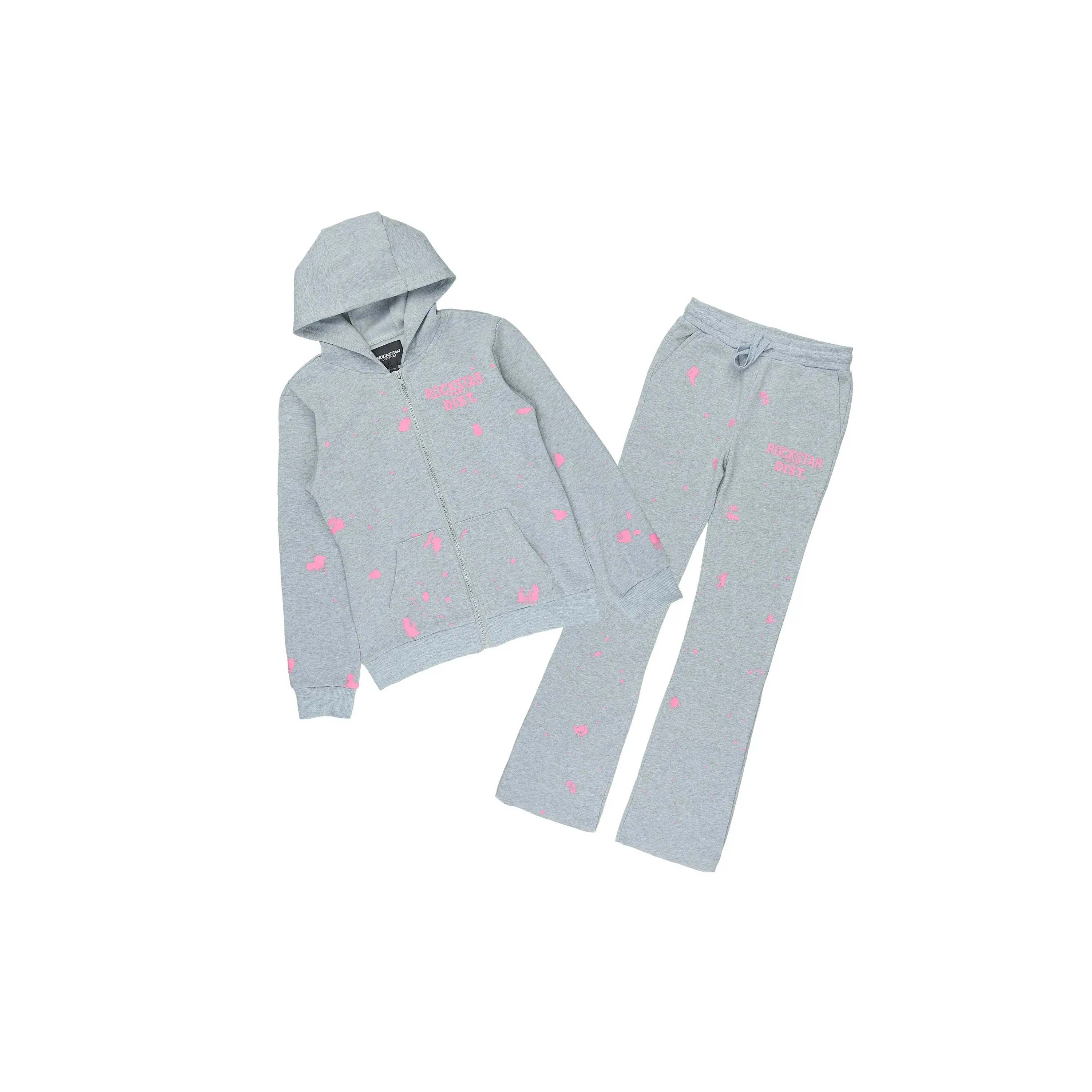 Girls Halloway Heather Grey/Pink Zip Up Stacked Flare Track Set