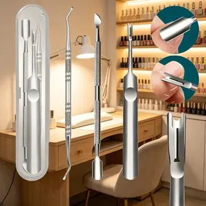 3-piece rust resistant and durable stainless steel cuticle removal tool kit, professional nail art style, precision blades and curved hook heads, clean nail beds without damaging nails, perfect for home nail art, personal beauty, and foot care