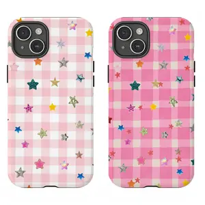 Coquette Pink Gingham Star Phone Case | Y2K Pink Plaid Phone Case | Multicolor Star Pattern, Trendy Checkered Shockproof Cover For iPhone 17 Pro Max 16 15 14 13 12 11 for Samsung S21 S22 S23 S24 S25 S26 Phone Case | Tough Phone Case | Best Gift For Summer
