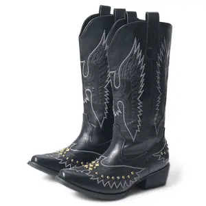 Maiqi Women's Black Western Cowboy Boots Embroidered Studded Pointed Toe Mid Calf Vintage Cowgirl Boots for Country Concert Festival Daily Wear