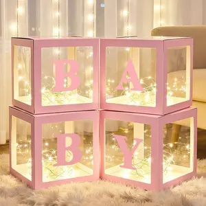 Boxes with Letters for  Shower, 4 Clear  Balloon Boxes with LED Fairy String Lights for  Decorations Boys Girls Birthday Wedding Party Backdrop,