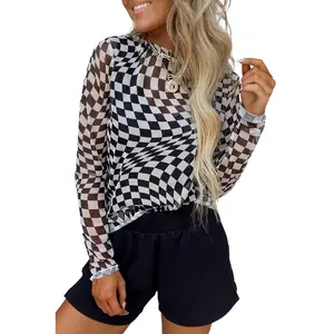 Black Checkered Pattern Mesh Mock Neck Long Sleeve Top mesh long