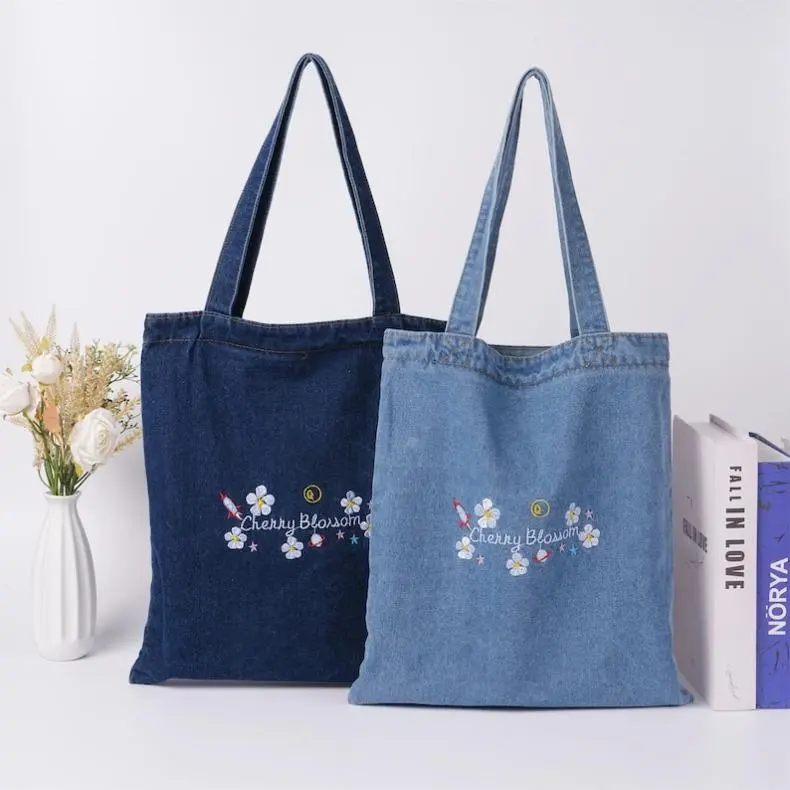 NEW! Cherry Blossom Floral Denim Shoulder Bag an Inner Phone Pocket, Minimalist Zipper Bag, Sakura Flower Tote for Birthday,Valentine's Day