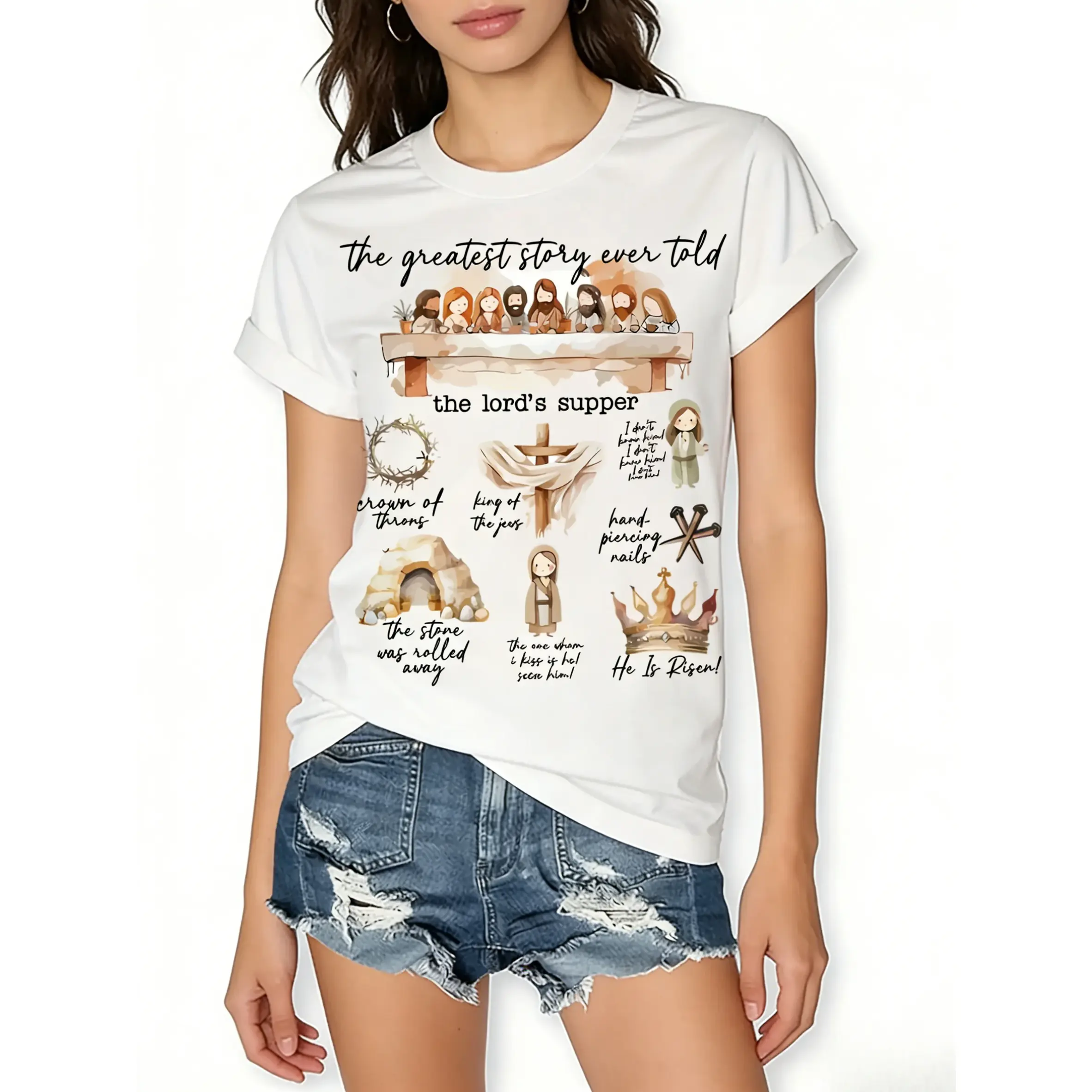 [Christian Easter T-Shirt] Easter&Easter Story Christian Easter He Was Resurrected Print Crew Neck T-Shirt - Women's Four Seasons Casual Short-Sleeved Round Neck T-Shirt Clothing