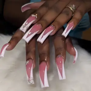 20pcs Long Curved Fake Nails, Gradient with 3D Rhinestones, Glossy Finish, Elegant Manicure Set for Women, Nail Extension