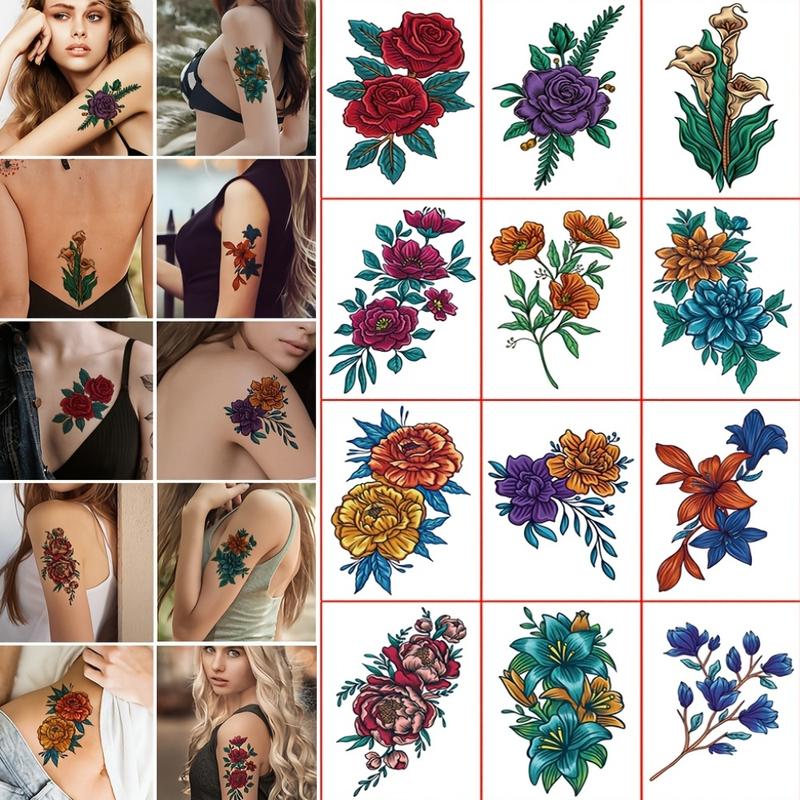 12 Sheets/Set European-American Style Waterproof Long-Lasting Simulation Flower Temporary Tattoos - 11.5*8cm Paper Base, Normal Cute Sexy Ink Designs for Arm, Chest Use (Single Item)