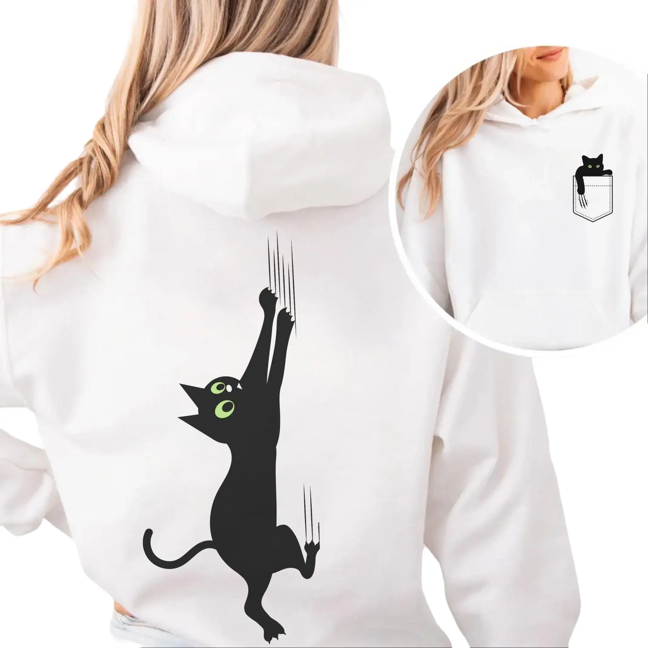 Black Cat Hoodie with Front & Back Print, Cute Climbing Cat Unisex Sweatshirt, Funny Cat Lover Gift, Minimalist Pet Hoodie, Cozy Cat Apparel