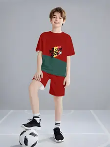 Belgium Football Theme Boy Set, Vintage Style Belgium 2026 Slogan + Flag Elements, European Devil Atmosphere, Casual Short Sleeve Tee & Shorts
