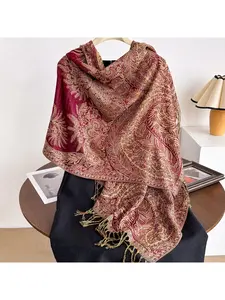 Ethnic style fringe shawl for women, creative palace-patterned scarf for warmth in air-conditioned office.
