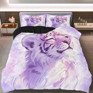 3PCS Duvet Cover Set, 1 Duvet+2 Pillowcases(Without filler), White Tiger Purple Watercolor Artistic theme, Christmas bedding set, Luxury Soft Suitable for decoration bedroom, hotel, guest room, living room
