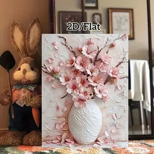 Chic Canvas Print 1pc Artistic Vase Canvas Print | 2D Flat, 30x40cm Frameless Wall Decor with Pink Peony & Cherry Blossom Design, Floral Aesthetic Pattern, 2D Flat Ink on Canvas for Home, Office, Cafe, Modern Classic Art Decor, Flower Decor