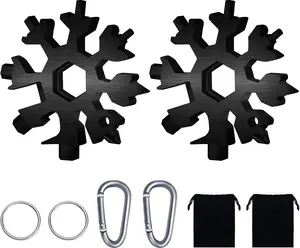 18-in-1 Snowflake Multitool, 2 count Stainless Steel Standard Multi-Tool With Key Ring, Carabiner Clip and Storage Bag (Black)