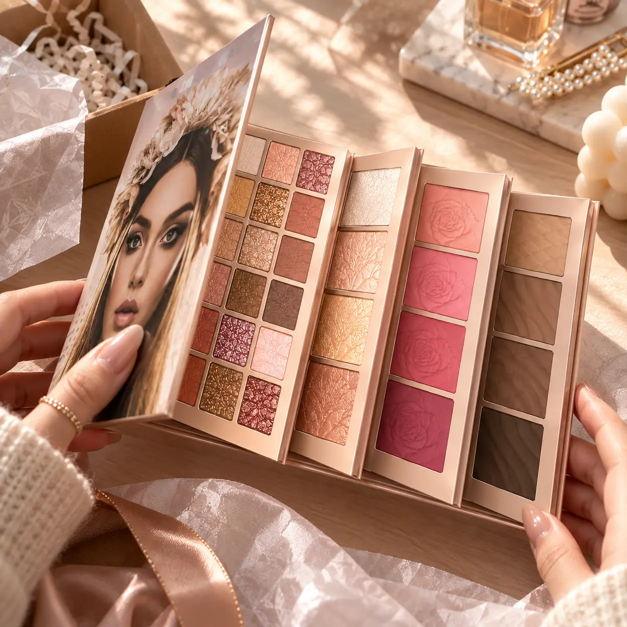 Book-Style All-in-1 Makeup Eyeshadow Palette, Compact Multi-Color Kit with Shimmer Pigmented Eyeshadow, Blush, Highlighter, Lip Gloss
