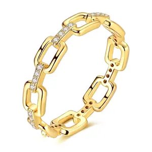LAZA 925 Silver Plated Gold Link Ring with Cubic Zirconia - Bold Geometric Jewelry for Women, Teens and Fashion Lovers, Ideal Gift for Birthdays, Valentine's Day, Graduation and More