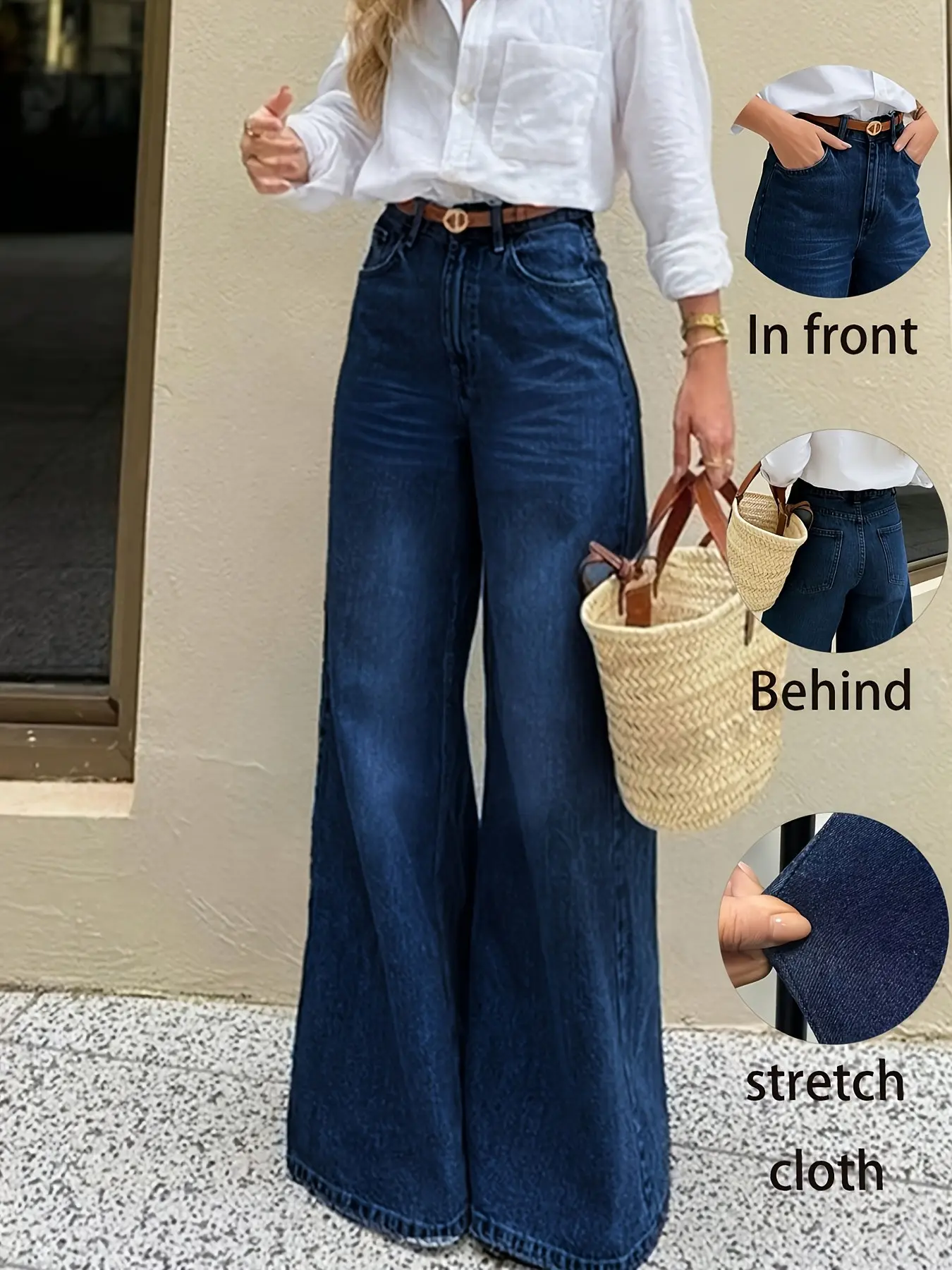 Women's High Waist Wide Leg Jeans, Flowy Trouser Jeans, Deep Blue Washed Stretch Denim, Front Back Pockets, Loose Fit Baggy Floor-Length, Casual Daily Wear Pants Bottom Womenswear