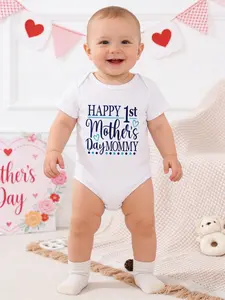Mother's Day Summer Baby Newborn Onesie Fitted Casual Cute Simple Print Crew Neck Short Sleeve Bodysuit