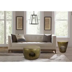 Nala 23 Inch Coffee Table, Low Round Drum Shape with Unique Hollow Center, Antique Brass Aluminum By The Urban Port