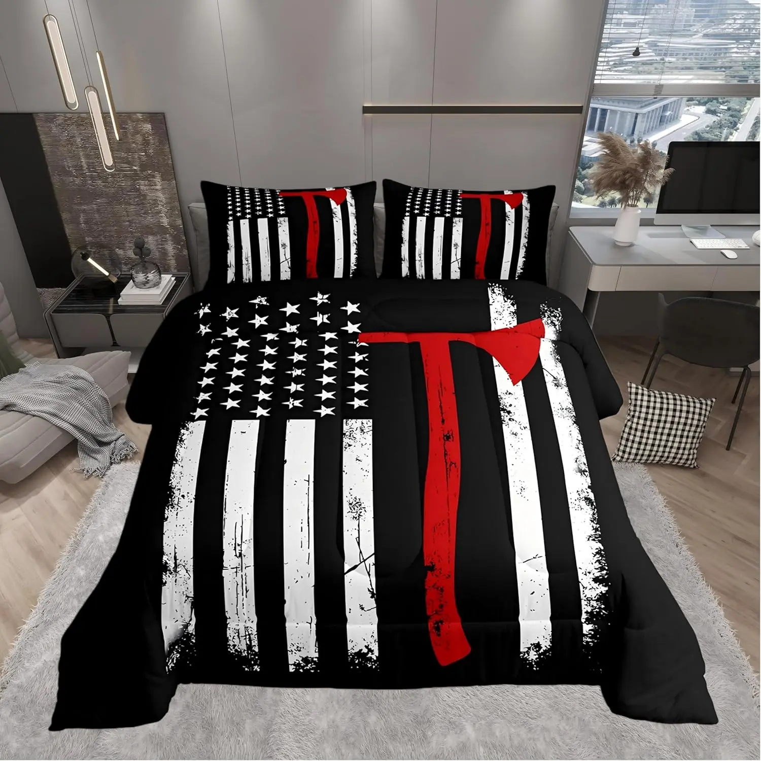 Boys Firefighter Comforter Set American Flag Decor All Season Bedding Set Fireman Comforter,Red Black White Decor Quilt Set Bedroom Collection