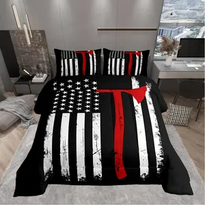 Boys Firefighter Comforter Set American Flag Decor All Season Bedding Set Fireman Comforter,Red Black White Decor Quilt Set Bedroom Collection