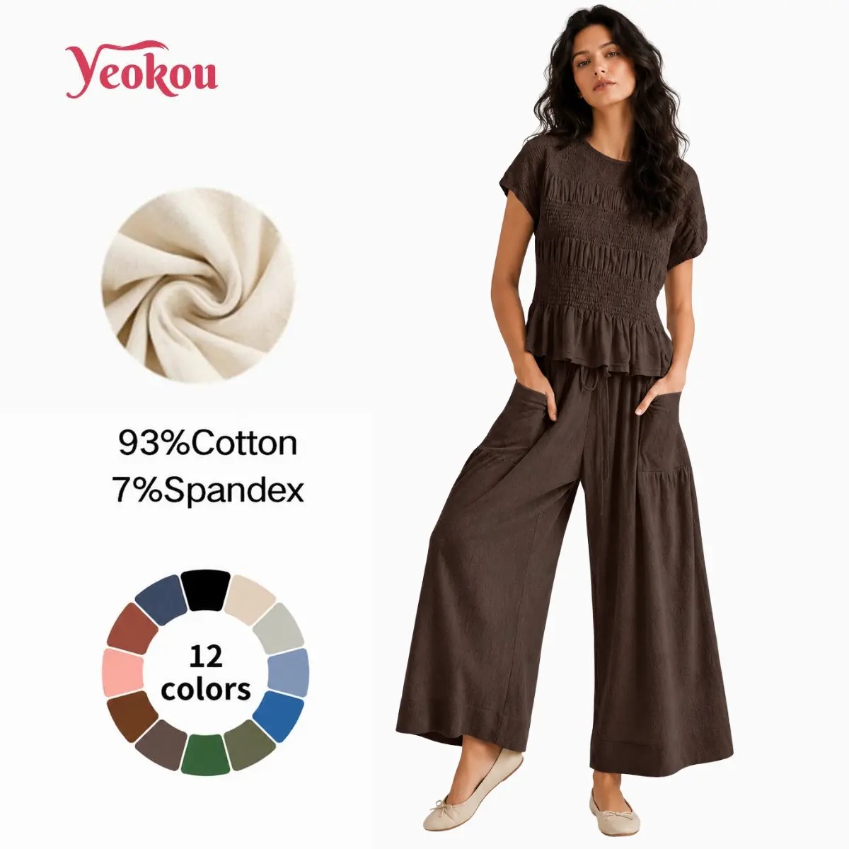 Yeokou Women's 2-Piece Trendy Boho Outfits - Cotton Smocked Top and High Waisted Wide Leg Lounge Pants with Pockets, Two Piece Sets