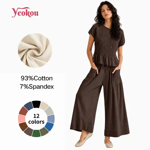 Yeokou Women's 2-Piece Boho Back to School Outfits - Cotton Smocked Top, High Waisted Wide Leg Lounge Pants with Side Pockets, Soft Fabric Hugs Skin 2 Piece Sets,sohochic