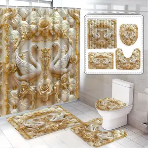 Luxury Bathroom Set, Swan Rose Gold Suite, French Palace Elegance, Bath Curtain Set, Home Bathroom Decor, Includes Mats, Best Gift, Shower, Hook