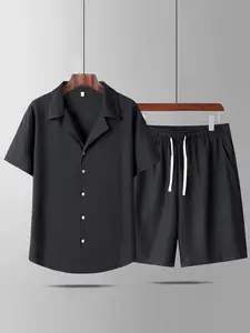 Men's Solid Short Sleeve Tee & Shorts Two-Piece Set, Regular Fit Casual Comfy Lapel Neck Button Top & Shorts, Men for Summer