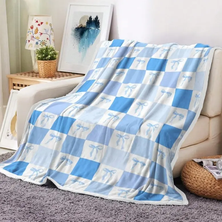 Blue White Checkered  Blanket - Vintage Plaid Gingham Graphic Throw, Cozy Cottage Core Bedding for Couch Bed, Women's Birthday Christmas Gift,  Blankets, Graphic Blankets Flannel