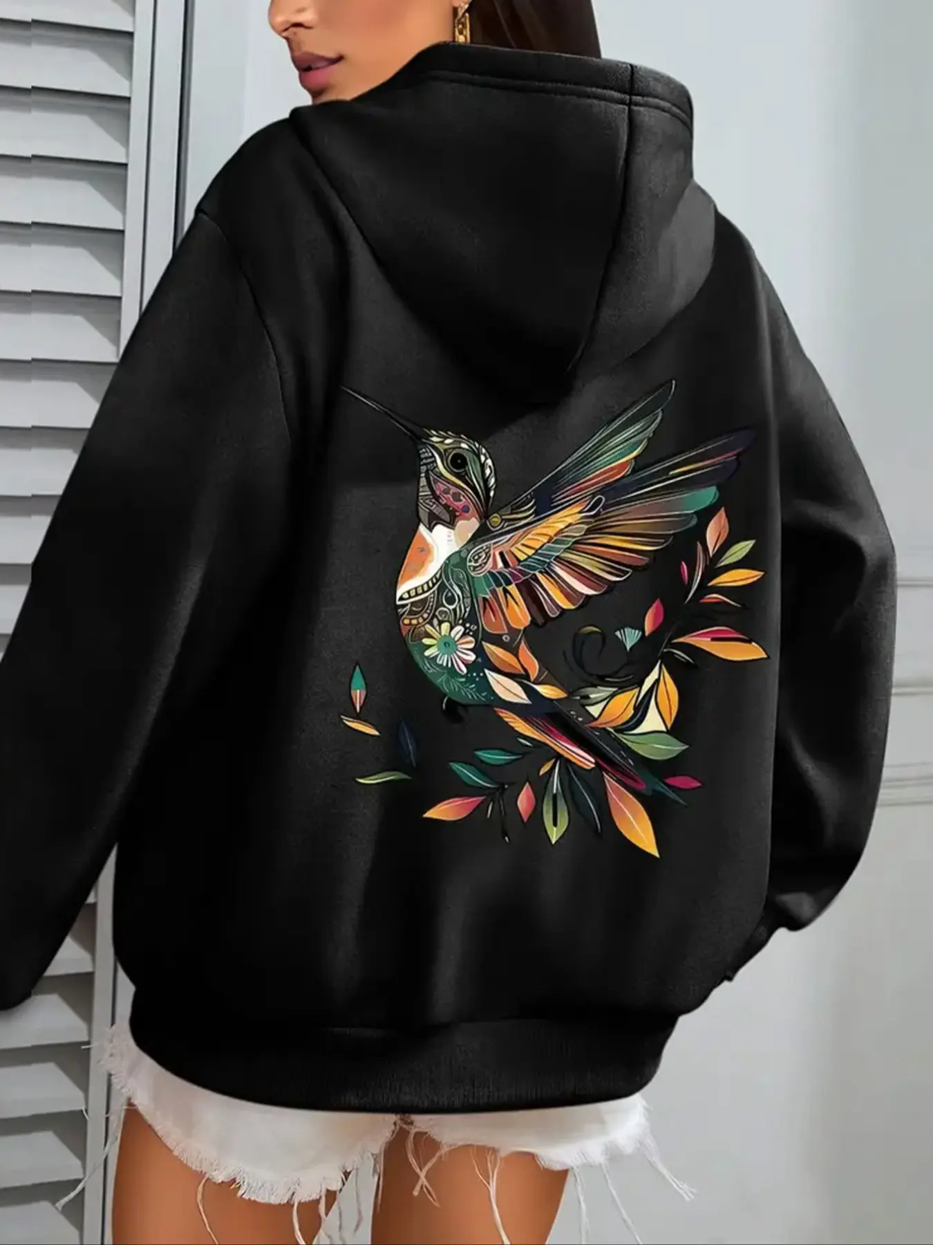Women's Plus Size Geometric Print Hoodie, Drawstring Casual Sportswear, Loose-Fitting Fall & Winter Fashion, Ladies' Large Clothing
