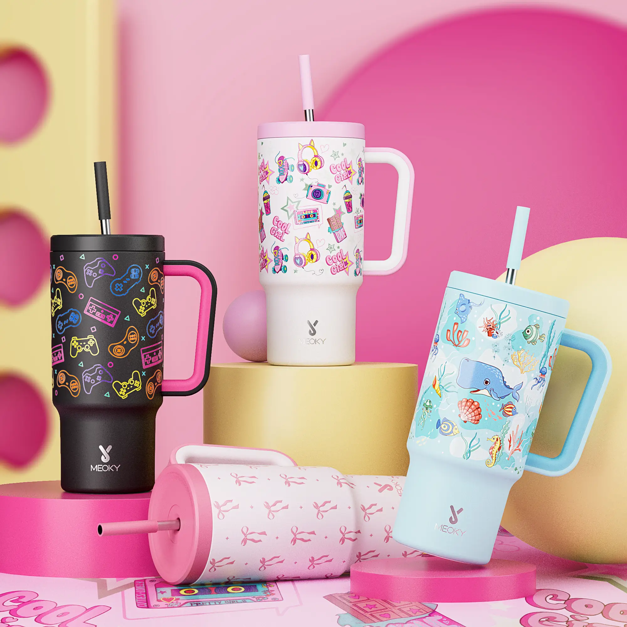 【Meoky】24oz Tumbler with Handle & Straw - Leakproof, BPA-Free, Insulated Stainless Steel Cup with Handle for Travel, School, Car Rides (Boys & Girls)