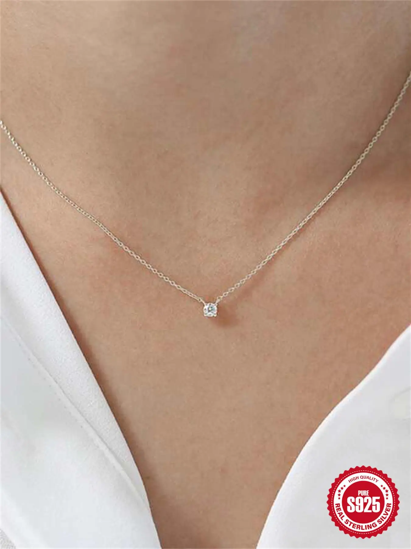 925 Sterling Silver Simple 3mm Artificial Zircon Decor Pendant Necklace, Fashion Jewelry for Party, Daily Decor for Girl, Trendy All-match & Exquisite