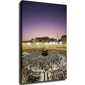 Islamic Canvas Wall Art Makkah Kaaba Night Landscape Posters Canvas Wall Art, Suitable for Living Room Bedroom Study Office Cafe Pub Etc, Perfect Holiday Gift and Home Decoration (16*24inch Framed)