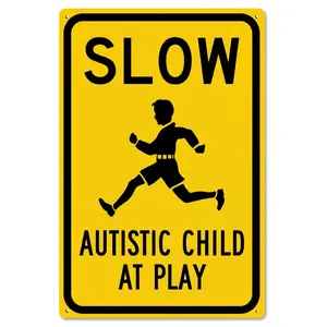Slow Autistic Child at Play (with Kid Graphic), Engineer Grade Reflective Aluminum Sign, 8" X 12" inch