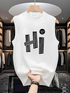 Men's Cartoon Letter Print Round Neck Top, Loose Casual Fashion Comfy Sleeveless Vest for Daily Wear, Men's Clothes for All Seasons, Sleeveless Tank Tops, Fitness Tank Top, Socks