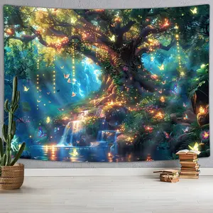 Fantasy Forest Tree Butterfly Tapestry, Fairy Magical Enchanted Jungle Waterfall Mushroom Tapestry Wall Hanging, Nature Plant Botanical Aesthetic Tapestry for Bedroom Living Room 40X30 Blue