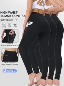 Plus Size Workout Leggings 3-Pack High Waisted Tummy Control with Pockets Squat-Proof & Breathable Ideal for Curvy Women's Running Gym Pilates & Autumn Fitness Super Stretchy & Soft Material
