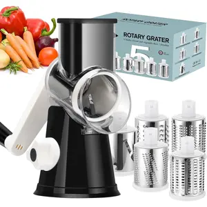 Rotary Cheese Grater Hand Crank, Kitchen Shredder Speed Mandolin Slicer Ice Shaver with Handle and Drum Blades for Cheese, Vegetable, Nuts, Chocolate, Potato, Carrot, 5 Blades, Black Ourokhome