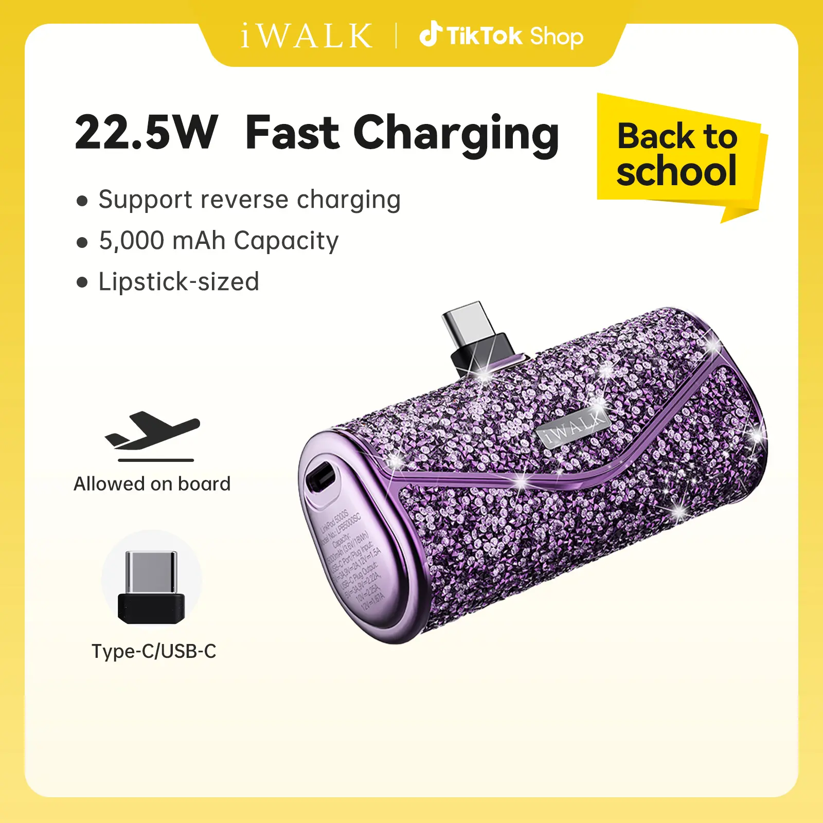 iWALK Sparkly Black Portable Power Bank, 22.5W Max 5000mAh Compact USB-C Cordless Fast Charging Cable-Free Accessory, Compatible with iPhone 17/16/15, Ideal for Travel, School Accessories,back to school,back to school haul