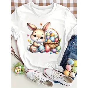Women's Easter Bunny & Floral Egg Print T-Shirt - Cute Smiling Rabbit with Pastel Eggs & Tulips, Soft Stretch Short Sleeve Round Neck Top, Spring Summer Casual Outfit, Machine Washable White-Like Base Color Blouse for Easter Party & Everyday