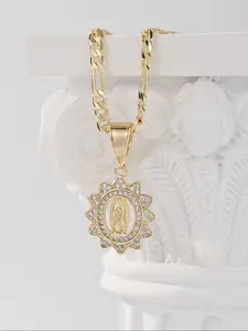 14k Religious Pendant Necklace, Virgin Mary Pendant with Zirconia, 60cm Chain, Cuban Link Chain, Unisex Daily Wear, Christmas Gift, Birthday Present, Fashion Pendants