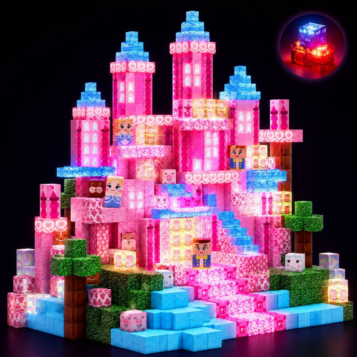 Glow in the Dark Magnetic Tiles - 100/150/200 PC Light-Up Pink Castle Princess Building Blocks, STEM Montessori Sensory Toys for Toddlers, 3D Spatial Stacking Construction Set, Educational Gift for 3+ Year Old Girls Boys Easter Christmas Birthday